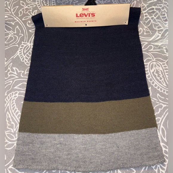Levi’s Colorblock Knit Scarf NWT Navy Olive Gray Acrylic One Size Warm - Picture 1 of 5